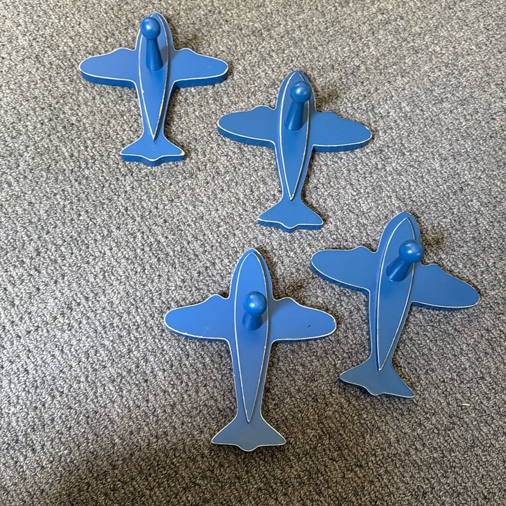 Blue Kids Wood Wall Hook Set Aeroplane wall pegs (by The Land of Nod)